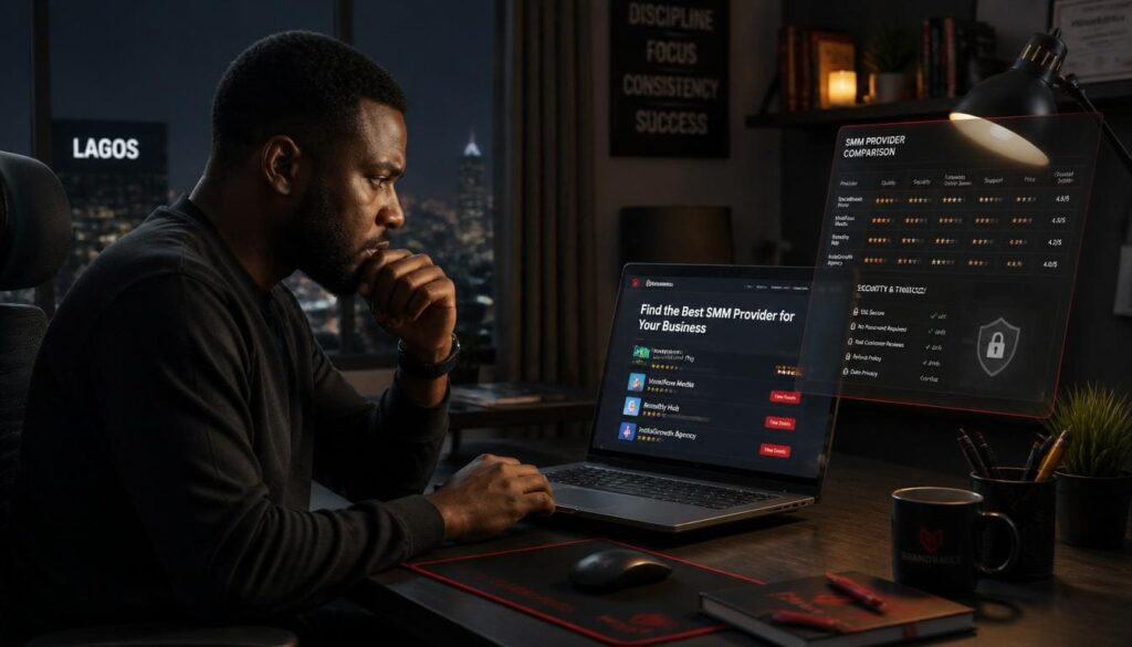 A Nigerian entrepreneur vetting different SMM panel options on a laptop to avoid scams and ensure platform safety.