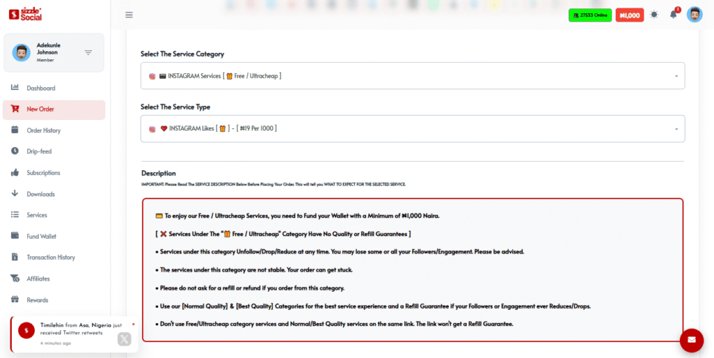 Sizzle Social service selection dropdown: INSTAGRAM Services [Free / Ultracheap] with warning that this category has no quality or refill guarantees.