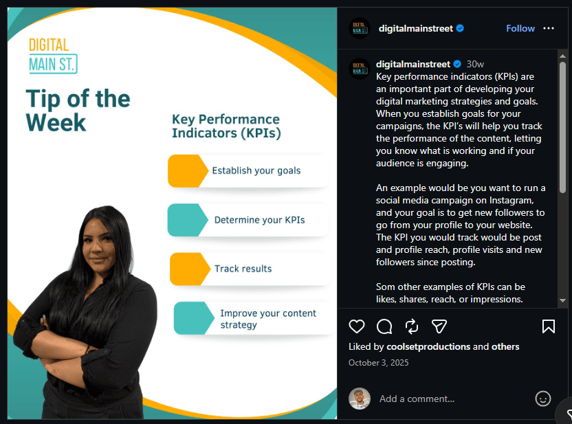 Digital Main Street tip of the week explaining KPIs: establish goals, determine KPIs, track results, improve content strategy with examples.