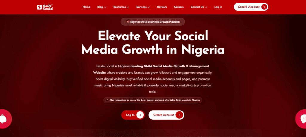 Sizzle Social homepage header: “Nigeria's #1 Social Media Growth Platform” with navigation (Home, Blog, Resources, Services, Reviews, Careers, Contact Us, Log In, Create Account) and description of SMM services.