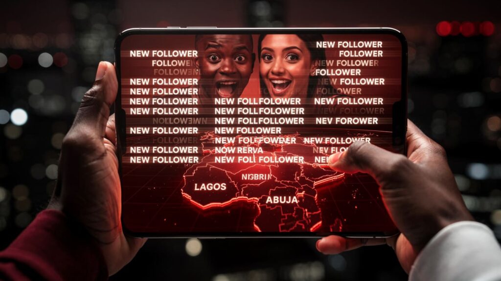 A smartphone screen showing a massive notification list of new followers over a Lagos map.