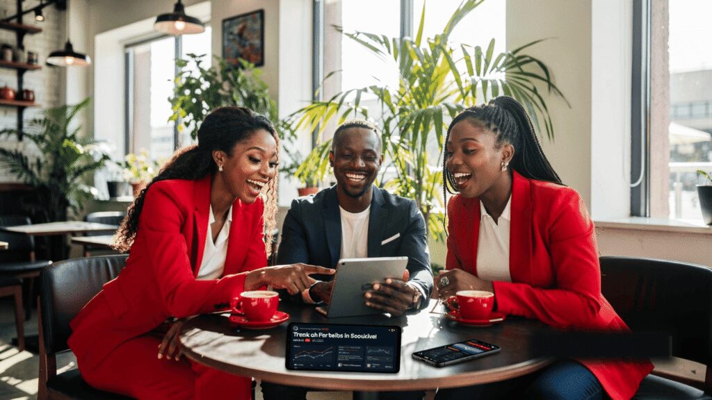 A diverse group of young Nigerian entrepreneurs collaborating in a vibrant Lagos co-working space viewing viral Instagram content