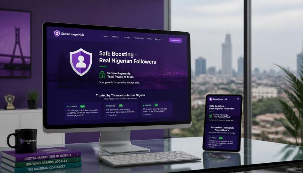 Desktop monitor showing SocialSurge Hub homepage with security shield, real Nigerian followers, secure payments, and verified testimonials.