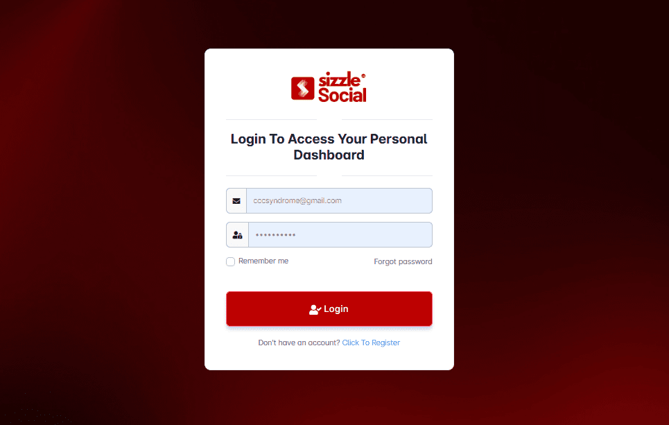 Login screen for Sizzle Social with email field (cccsyndrome@gmail.com), remember me checkbox, forgot password link, and register button.