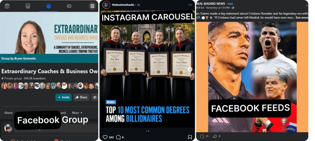 Facebook group screenshot: "Extraordinary Coaches & Business Owners – Private group, 144.3K members" with a post about "TOP 10 MOST COMMON DEGREES AMONG BILLIONAIRES" and a mention of "INSTAGRAM CAROUSEL EXTRAORDINAR".
