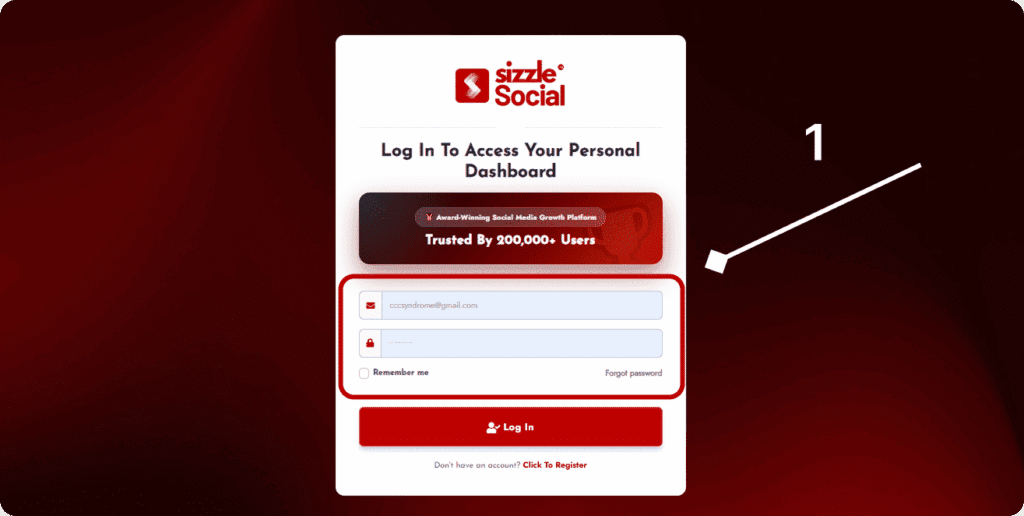 Sizzle Social login screen with email field (cccyndrome@gmail.com), remember me checkbox, forgot password link, and claim "Award-Winning Social Media Growth Platform – Trusted By 200,000+ Users"