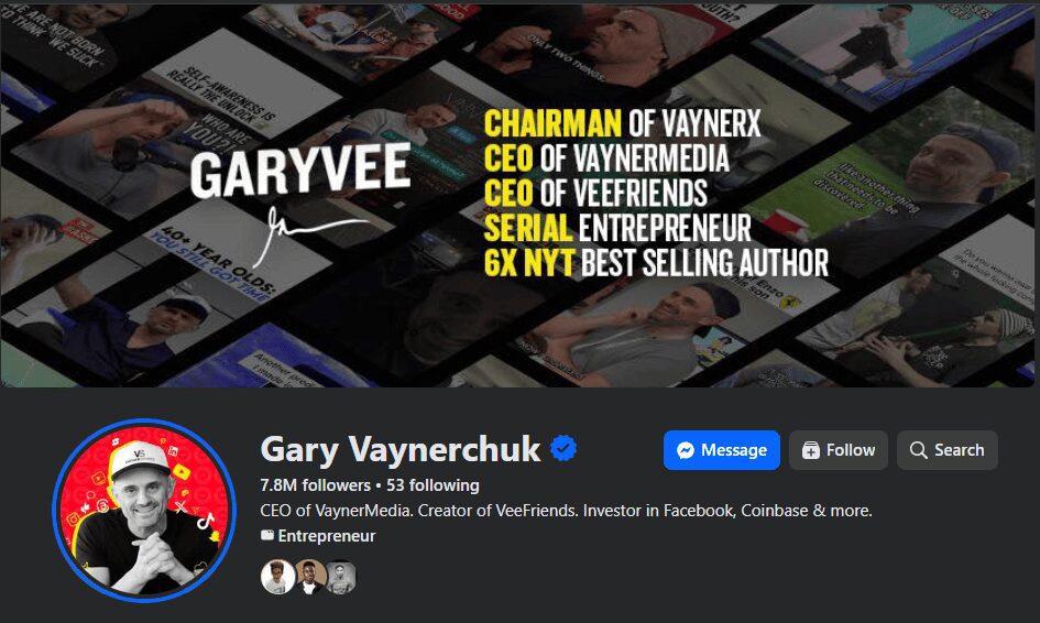 Gary Vaynerchuk's Instagram profile showing 7.8M followers, 53 following, with titles: CHAIRMAN OF VAYNERX, CEO OF VAYNERMEDIA,