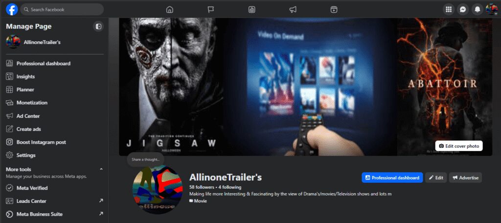 Facebook page management interface for "AllinoneTrailer's" showing 58 followers, professional dashboard, insights, planner, ad center, and option to "Boost Instagram post"