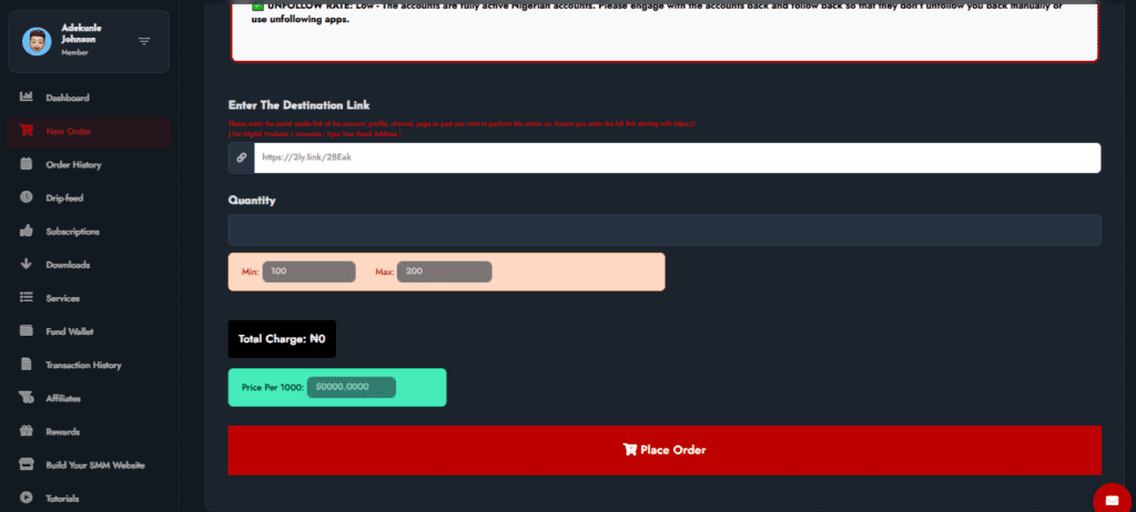 Sizzle Social order form for user Addeunle Johnson with destination link field, quantity (min 100, max 200), price per 1000 ₦50,000, total charge ₦0, and “Place Order” button.