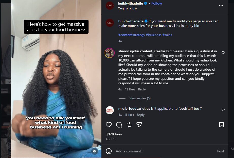 Buildwithadeife post on getting massive sales for food business, with user question about video style (process vs talking to camera) and 3,178 likes.