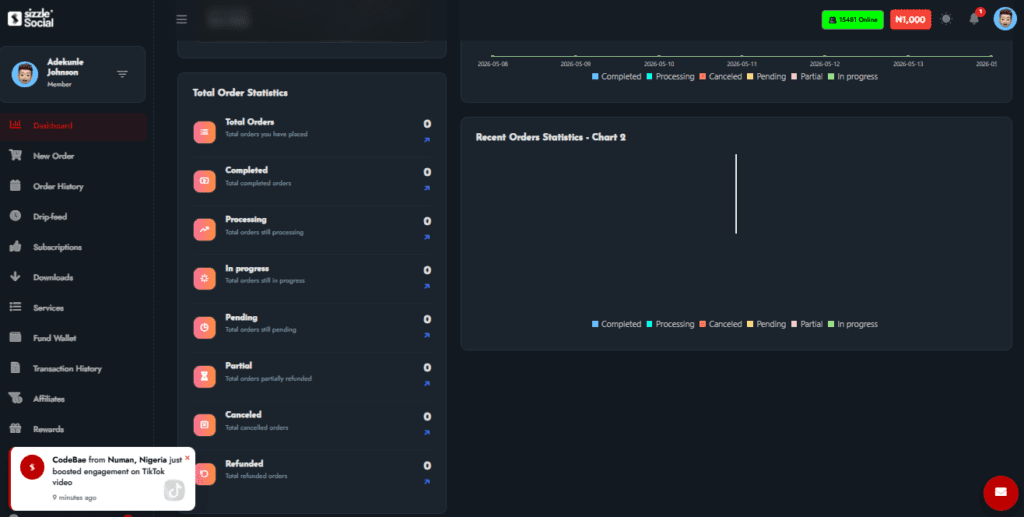 Sizzle Social dashboard showing Total Order Statistics (Total Orders, Completed, Processing, In progress, Pending, Partial, Cancelled, Refunded) and a recent orders chart with status categories.