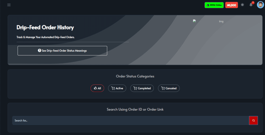 Sizzle Social Drip‑Feed Order History interface with status filters (All, Active, Completed, Canceled) and a search bar for order ID or link.