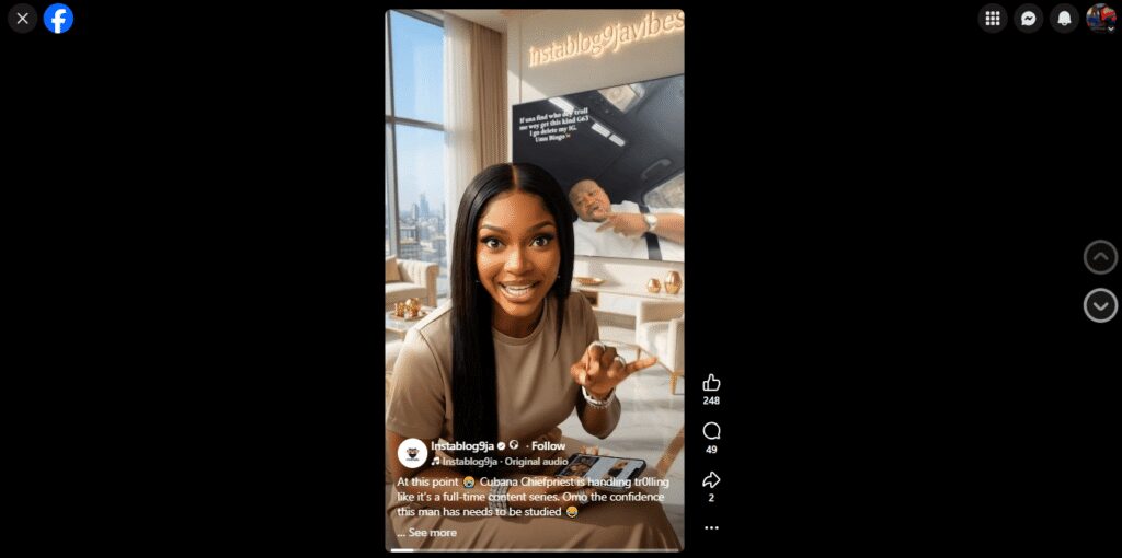 Instabloggaja audio post captioned: "At this point @CubanaChiefpriest handling trolling like it's a full‑time content series. One the confidence this man has needs to be studied 😂" with engagement metrics.