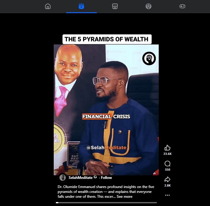 Facebook post by SelahMeditate featuring "THE 5 PYRAMIDS OF WEALTH" with Dr. Olumide Emmanuel, showing 23.6K likes, 350 comments, and 2.8K shares.