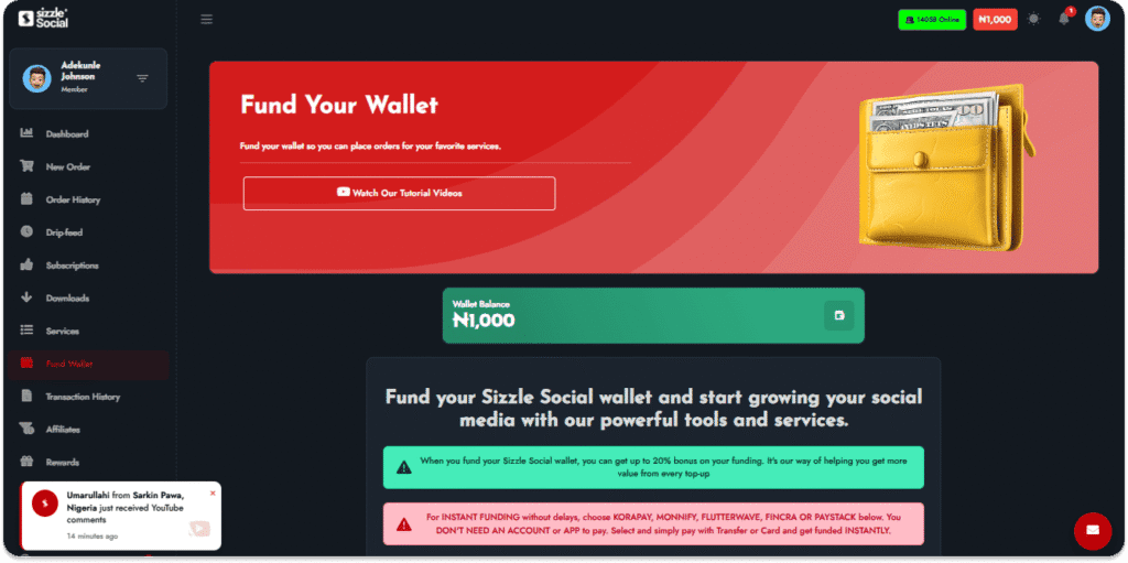 Sizzle Social wallet funding page showing wallet balance ₦1,000, up to 20% bonus, and instant payment options: Korapay, Monnify, Flutterwave, Fincra, Paystack.
