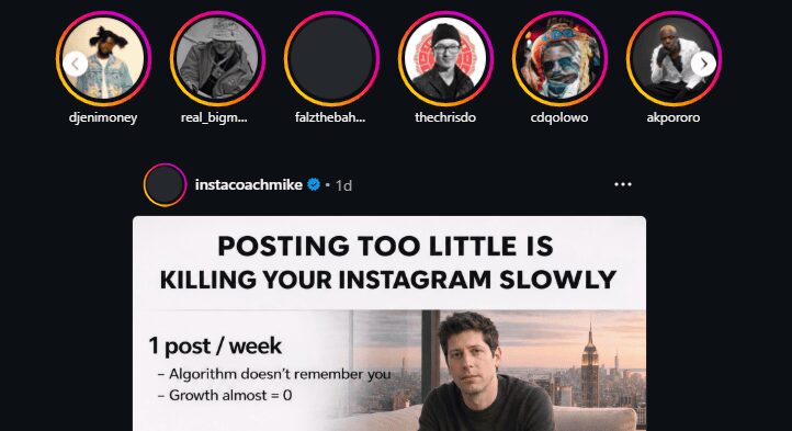 Instacoachmike post “POSTING TOO LITTLE IS KILLING YOUR INSTAGRAM SLOWLY” comparing 1 post/week (algorithm forgets you, growth near 0).