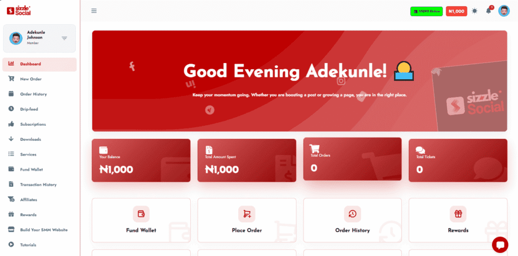 Social dashboard for Adekunle with sidebar menu (Dashboard, New Order, Order History, Drip‑feed, etc.)