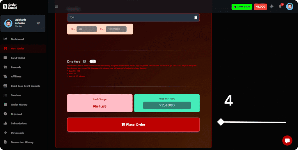 Sizzle Social drip‑feed order form for user Adkunle Johnson, with quantity min 20 max 10,000,000, explanation: "Dripfeed makes orders deliver slowly and gradually to attract natural organic growth.