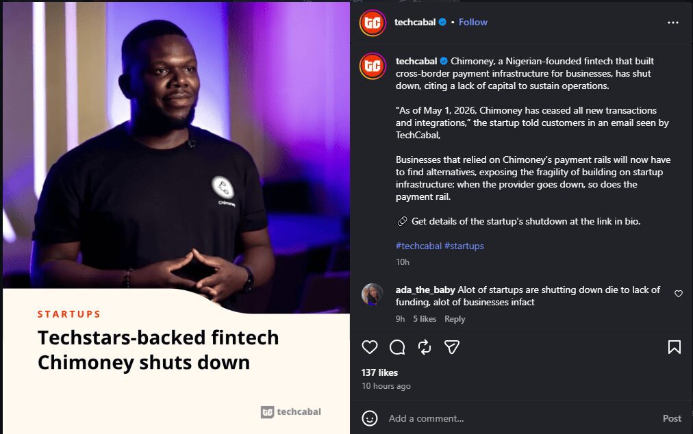 TechCabal post reporting that Nigerian fintech Chimoney shut down due to lack of capital, with user comment “a lot of startups are shutting down” and 137 likes.