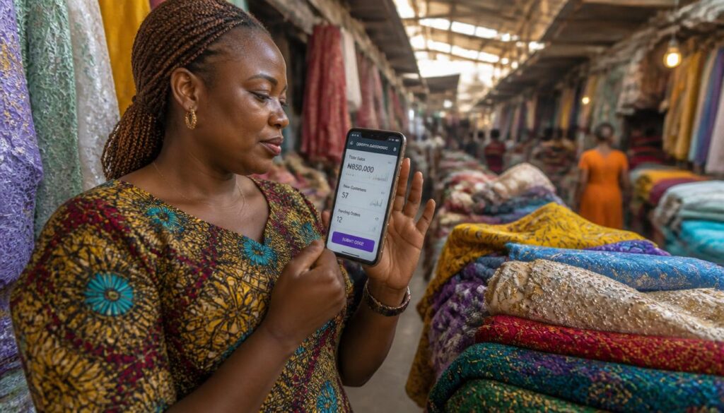 A busy female vendor in Yaba market using her smartphone to set up a practical Instagram comment boost campaign.