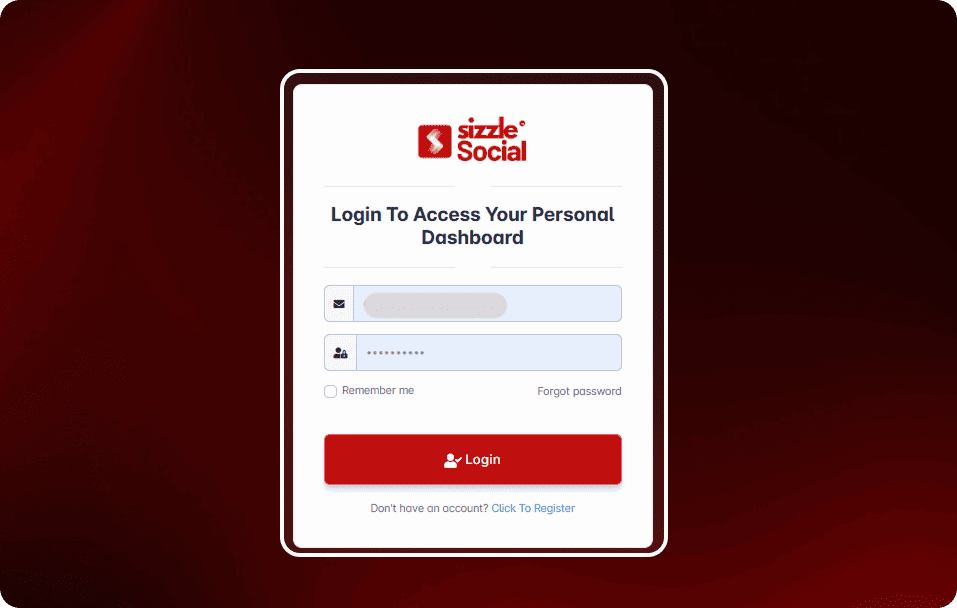 Login screen for Sizzle Social dashboard with "Remember me" checkbox, forgot password link, and registration option.
