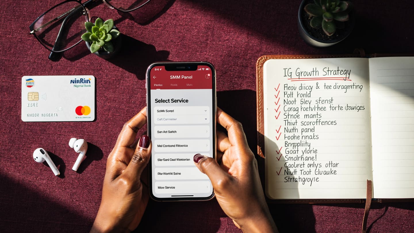 A flat-lay view of a desk featuring a phone, a credit card, and a notebook showing an "Instagram Growth" checklist.
