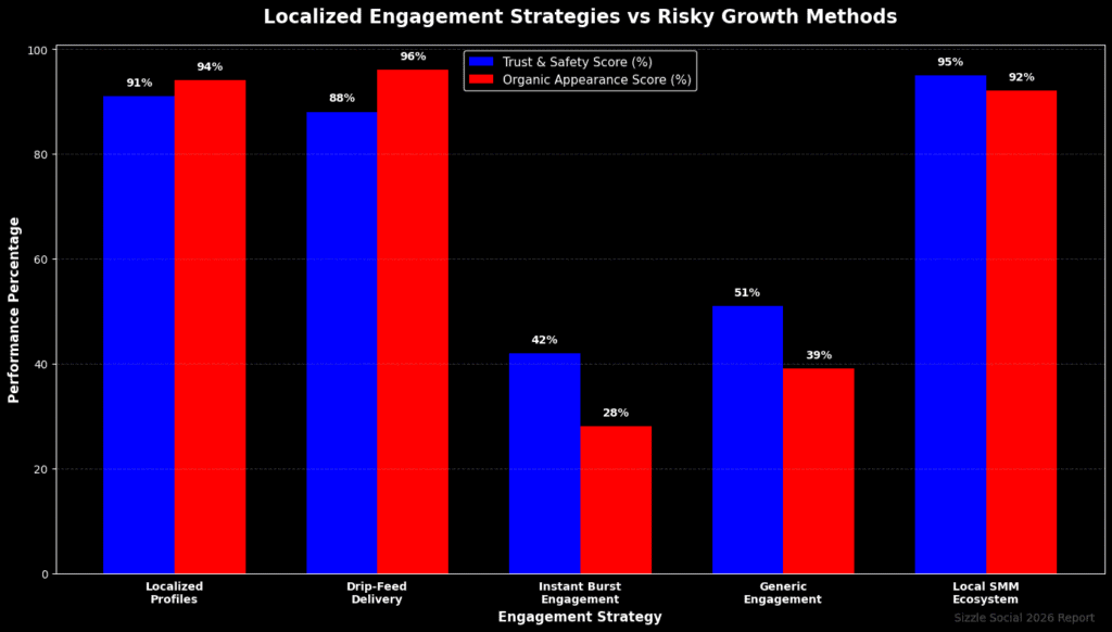 Confusing, repetitive table comparing Localized Profiles (91%), Drip‑Feed Delivery (90%), Trust & Safety Score (91%), Organic (96%) – but the matrix is poorly constructed with duplicate rows and inconsistent percentages.