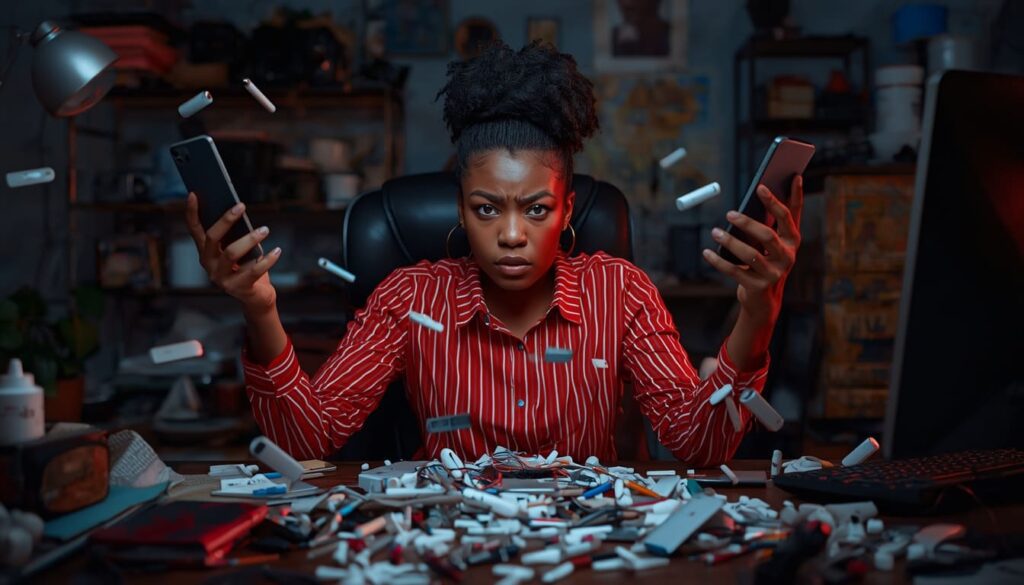 Overwhelmed Nigerian creator surrounded by devices while struggling to grow on TikTok followers.