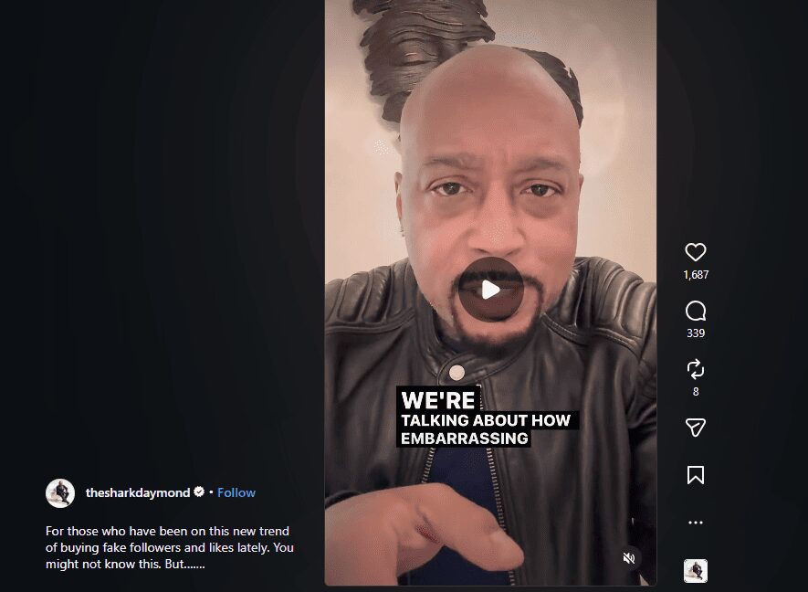 Instagram post by thesharkdaymond criticizing the new trend of buying fake followers and likes, calling it embarrassing.