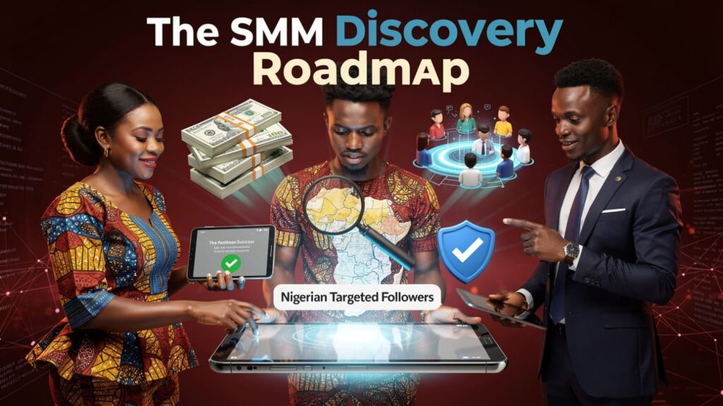 A high-quality collage of digital search tools, Naira currency icons, and social media community symbols representing ways to find SMM panels in Nigeria.