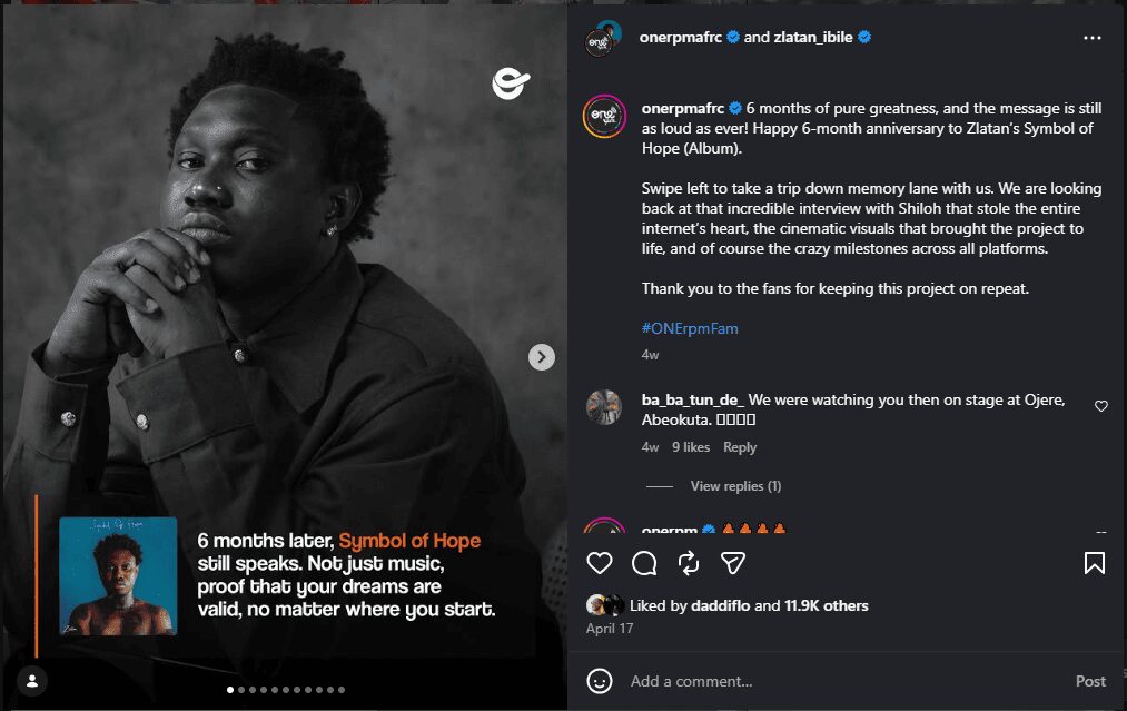 Instagram post celebrating Zlatan’s “Symbol of Hope” album 6‑month anniversary, with comment “We were watching you then on stage at Ojere, Abeokuta” (9 likes), and total 11.9K likes.