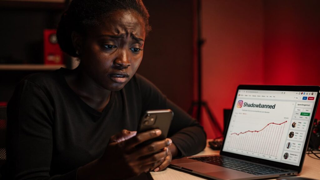 A worried Nigerian creator looking at a "Shadowbanned" notification on their phone.