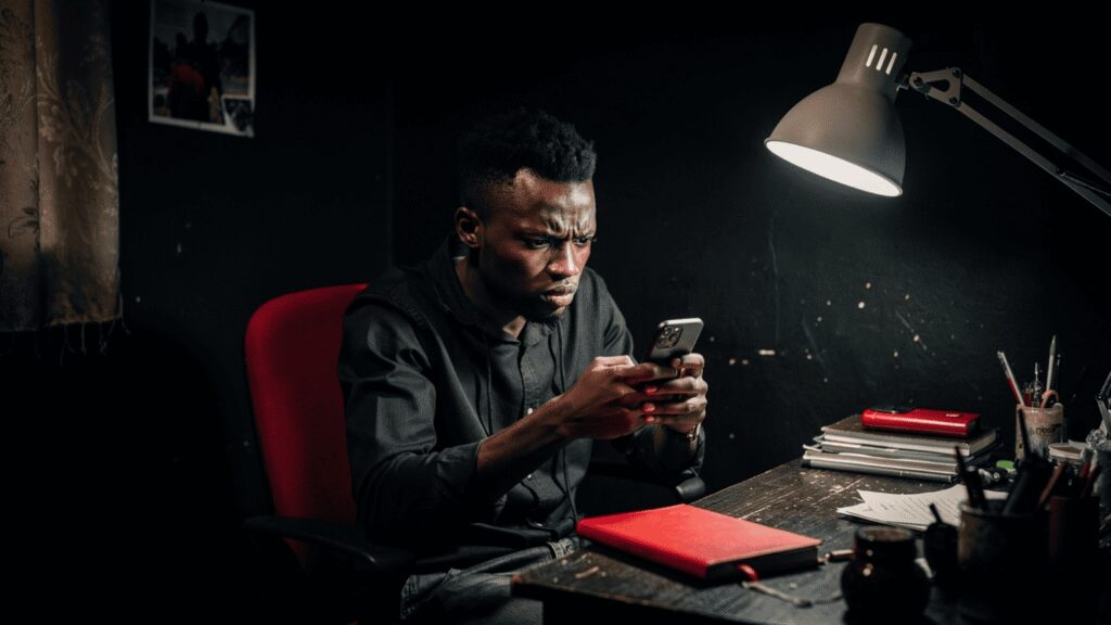 Frustrated Nigerian creator looking at phone