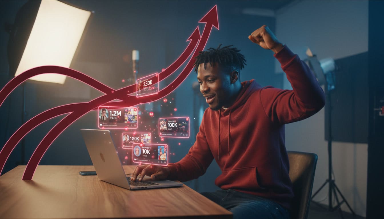 A highly motivated Nigerian creator rising to the top of a digital staircase representing TikTok growth.