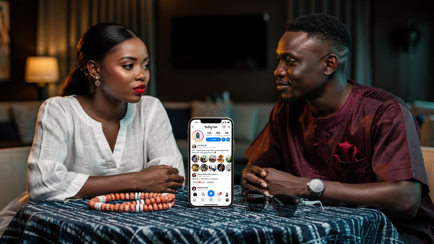 A stunning high-angle shot of a premium smartphone displaying a verified Instagram profile next to a traditional Nigerian luxury accessory, symbolizing wealth and digital influence.