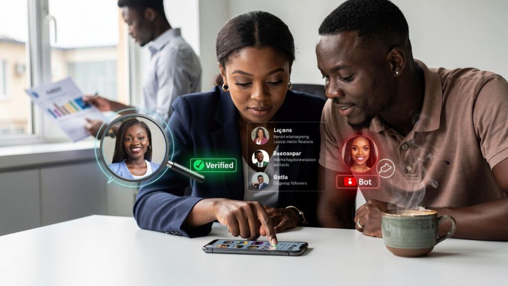 A magnifying glass hovering over a smartphone screen, highlighting the difference between a real Nigerian follower profile and a bot profile.