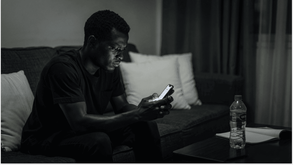 Frustrated Nigerian creator checking phone analytics in a dim room.