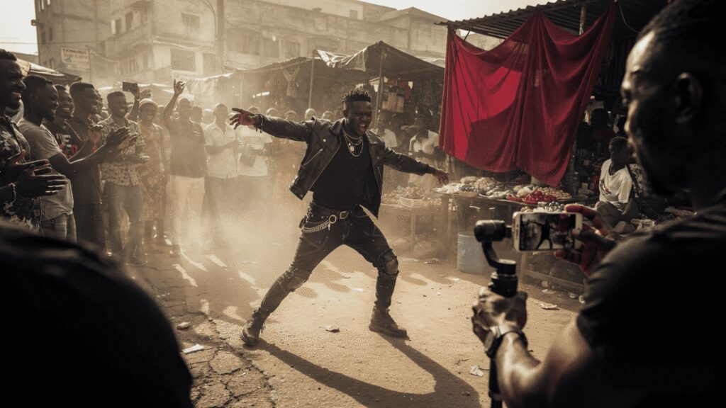 Energetic local creator filming dynamic dance clips on a busy Lagos street to capture massive