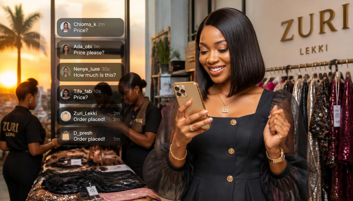 Successful Nigerian entrepreneur using her phone for business growth