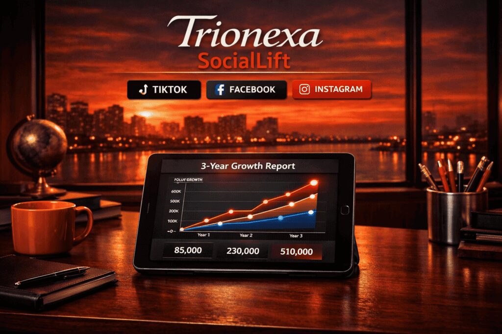 Trionexa SocialLift “3-Year Growth Report” showing follower growth: Year 1 85,000, Year 2 230,000, Year 3 510,000, with TikTok, Facebook, Instagram icons.
