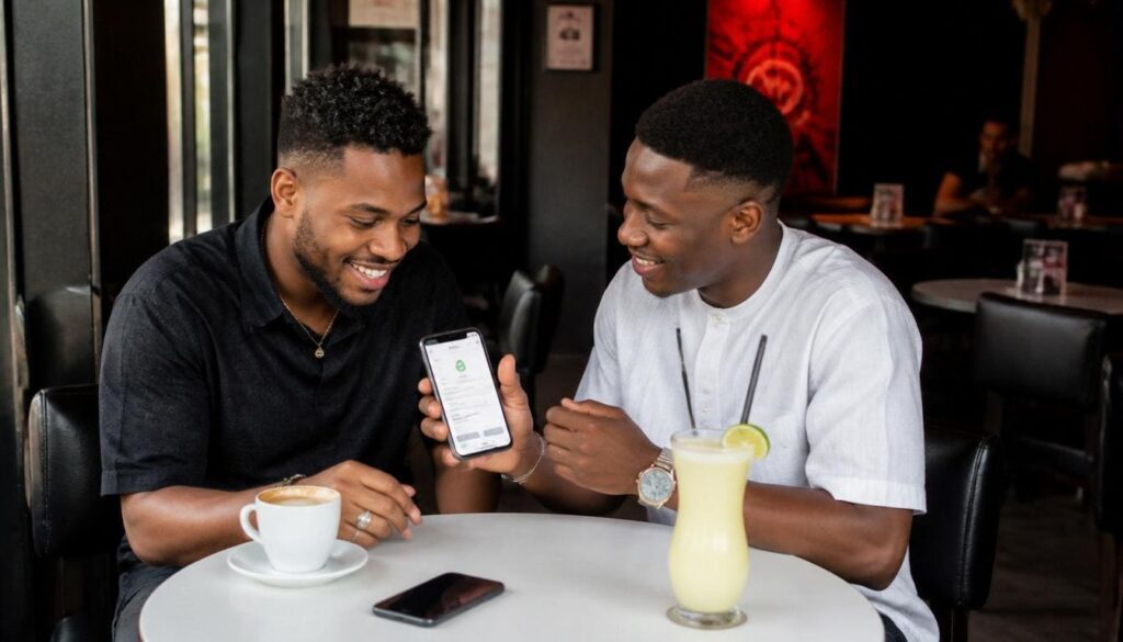 Two friends in a cafe checking secure payment
