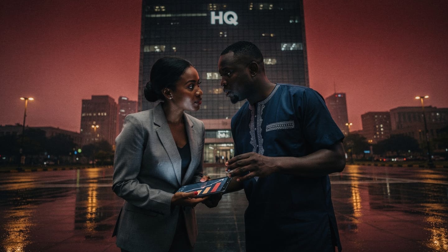 Two Nigerians in smart attire talk outside about ways of targeting Instagram followers using SMM Panels in Nigeria in front of a global company headquarters under a dramatic dark red cinematic sky
