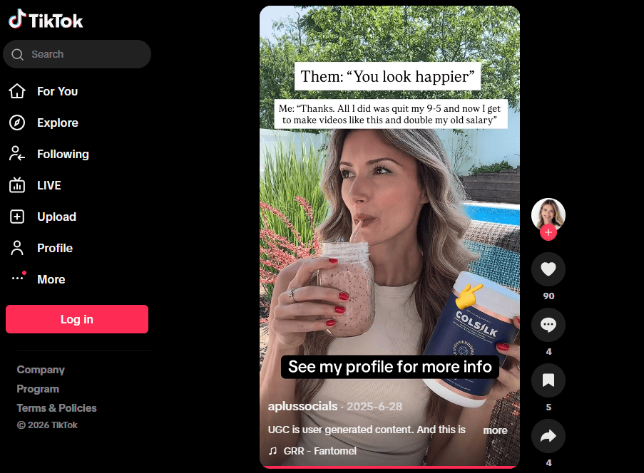 TikTok screenshot showing a user saying "All I did was quit my 9-5 and I can make videos like this and double my salary" with caption "UGC is user generated content."