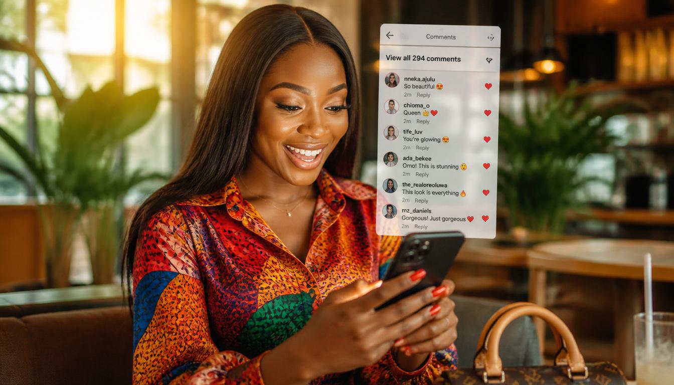 A happy Nigerian woman in Ankara viewing viral Instagram comments on her phone in a Lagos cafe.