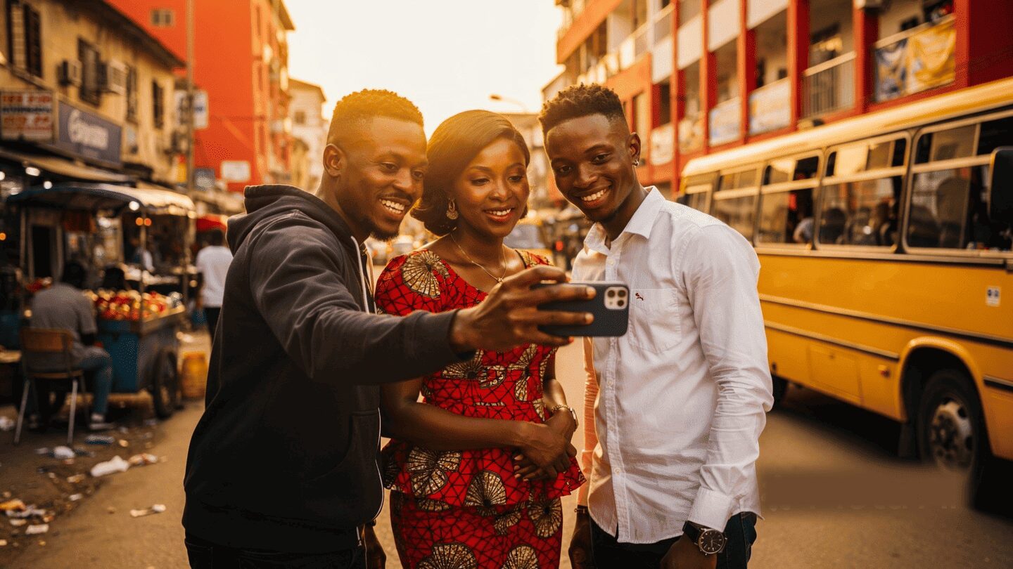 A premium smartphone displaying a viral Nigerian business page with thousands of heart icons and local engagement notifications.