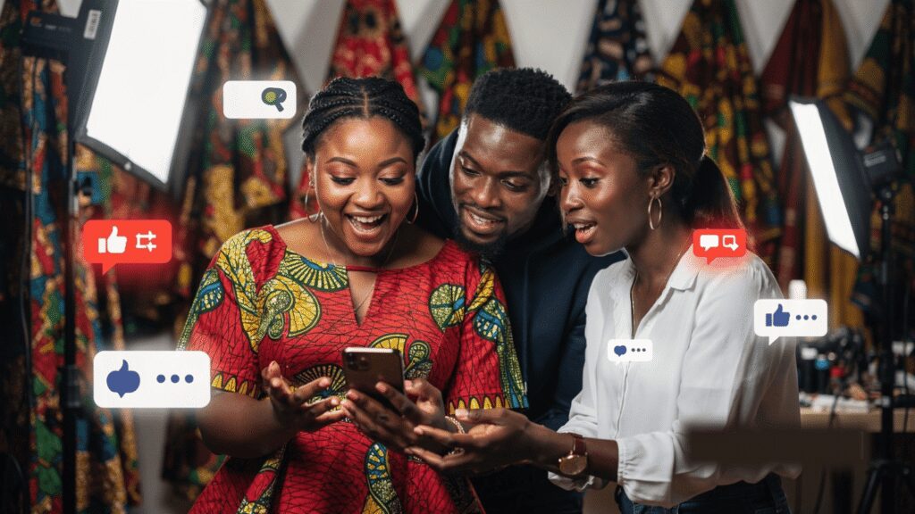 Nigerian entrepreneurs observing real-time engagement growth on a mobile device while celebrating their brand's viral social media success.