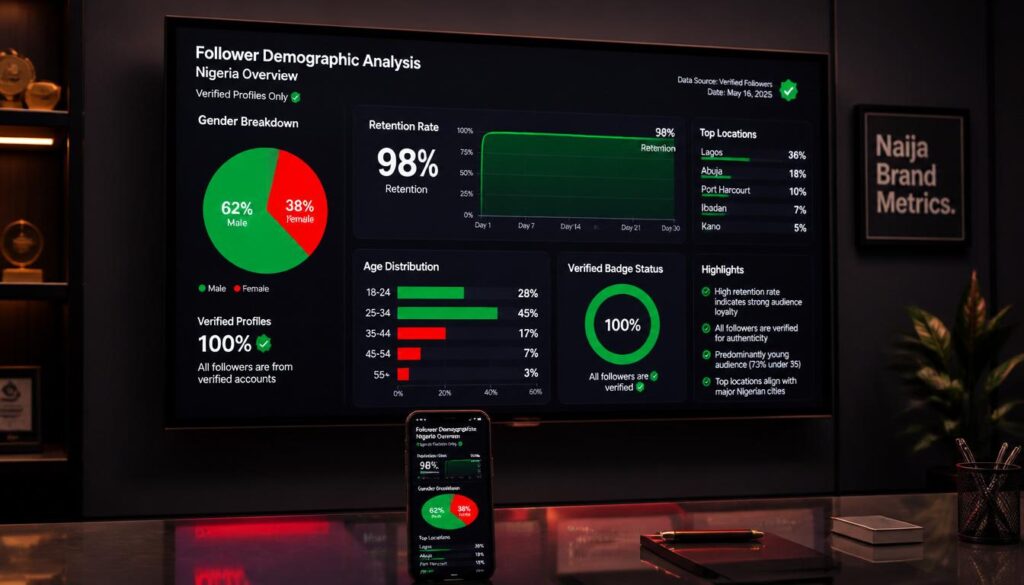 A detailed dashboard visualization showing a high-retention follower demographic analysis for a professional Nigerian creator in a stylish, red-accented office.