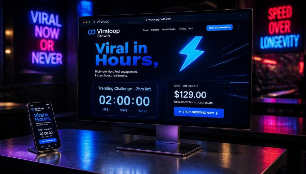 Monitor displaying Viraloop Growth homepage with lightning bolt, countdown timer, premium price tag for fast viral delivery.