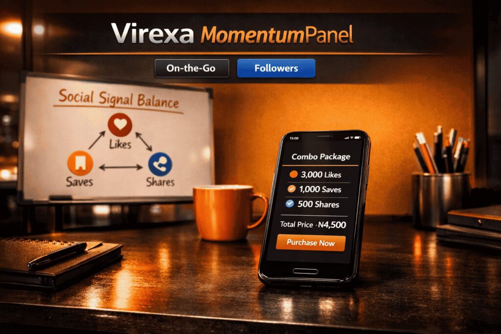 Virexa MomentumPanel combo package: 3,000 Likes, 1,000 Saves, 500 Shares for total price ₦4,500, with “Purchase Now” button.