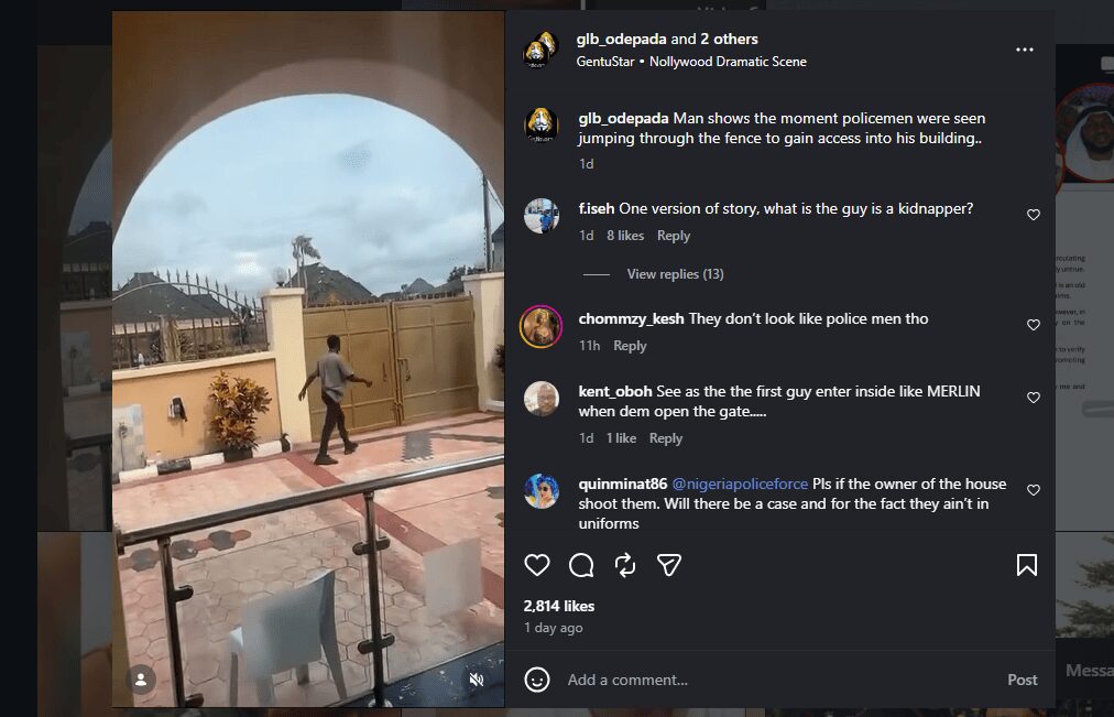 Post showing policemen jumping a fence, with comments questioning their identity and legal consequences, captioned "Nollywood Dramatic Scene" with 2,814 likes.